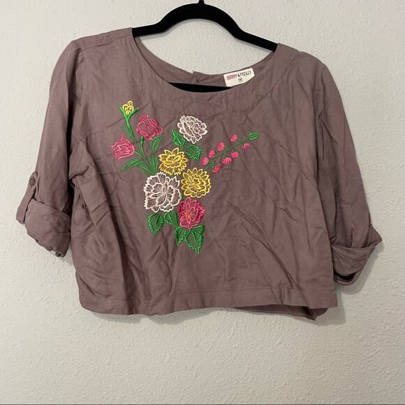 Bombay Paisley Brown Floral Embroidered Cropped Short Sleeve Blouse Women M Boho - Picture 6 of 9